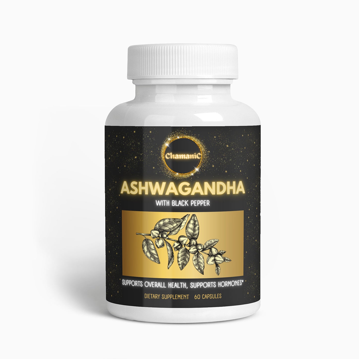 CHAMANIC Pure Ashwagandha & Black Pepper Capsules: Organic & Potent - Natural Stress Relief & Mood Enhancer - 60 Capsules